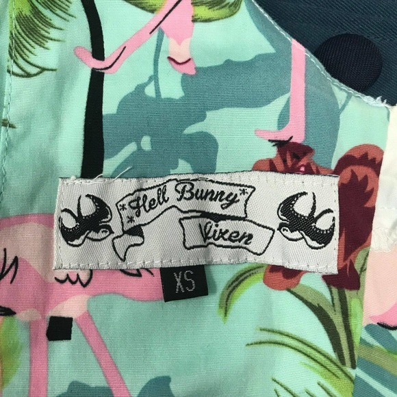 Hell Bunny Vixen Dress Womens XS Flamingo Tropical Fit & Flare V Neck Retro Flaw - Picture 5 of 12